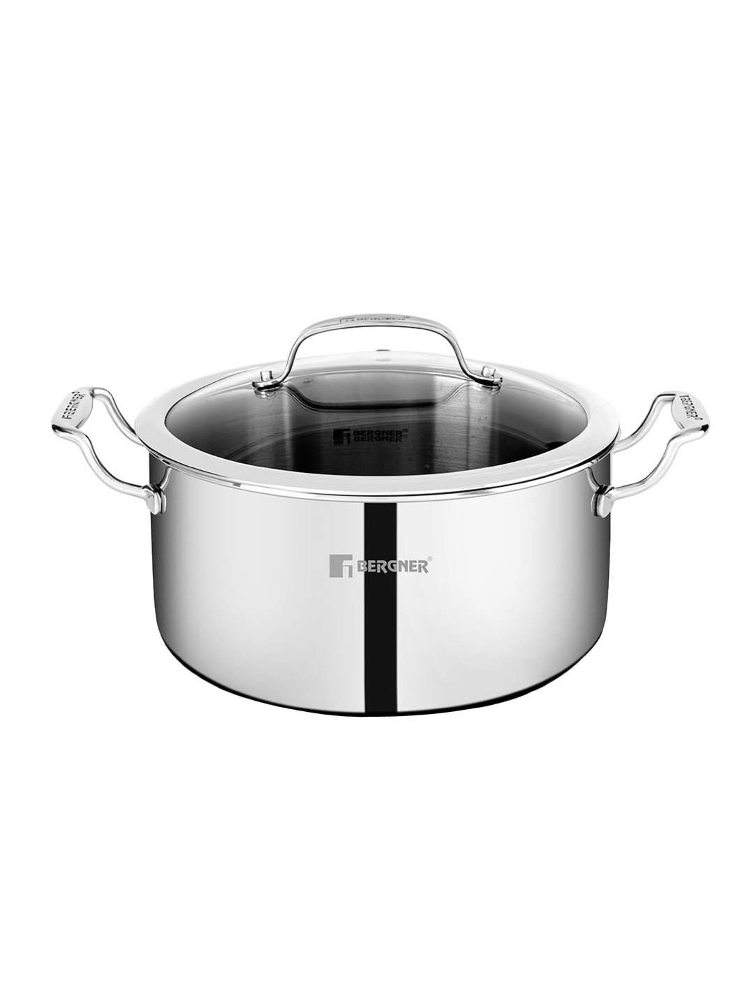 Bergner Hitech Triply Silver Stainless Steel Non Stick 28 cm Casserole With Glass Lid (8.2 L)