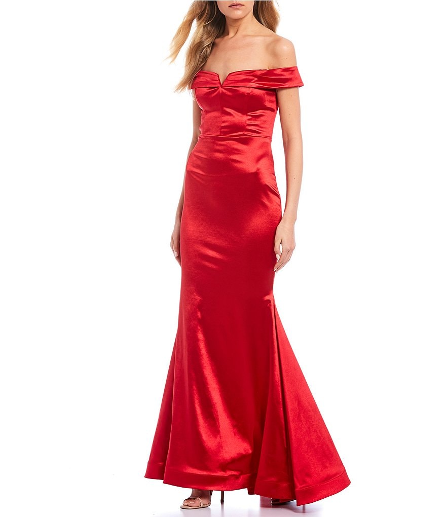 Teeze Me Off-the-Shoulder Cap-Sleeve Horsehair Hem Satin Long Dress