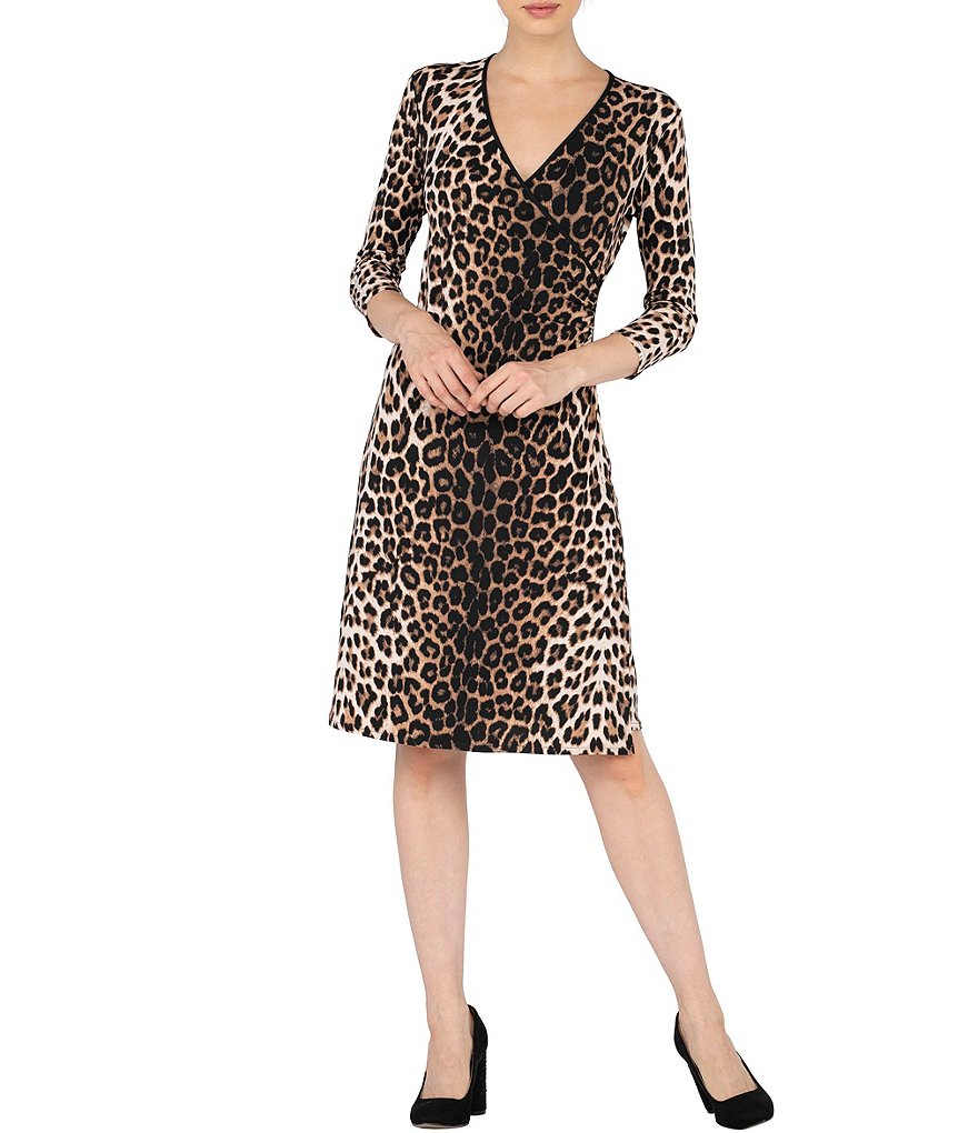 Eva Varro V-Neck 3/4 Sleeve Faux Wrap Cheetah Print Dress