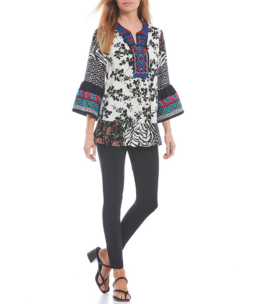 Calessa Petite Size 3/4 Bell Cuff Sleeve Split Round Neck Abstract Floral Multi Print Tunic