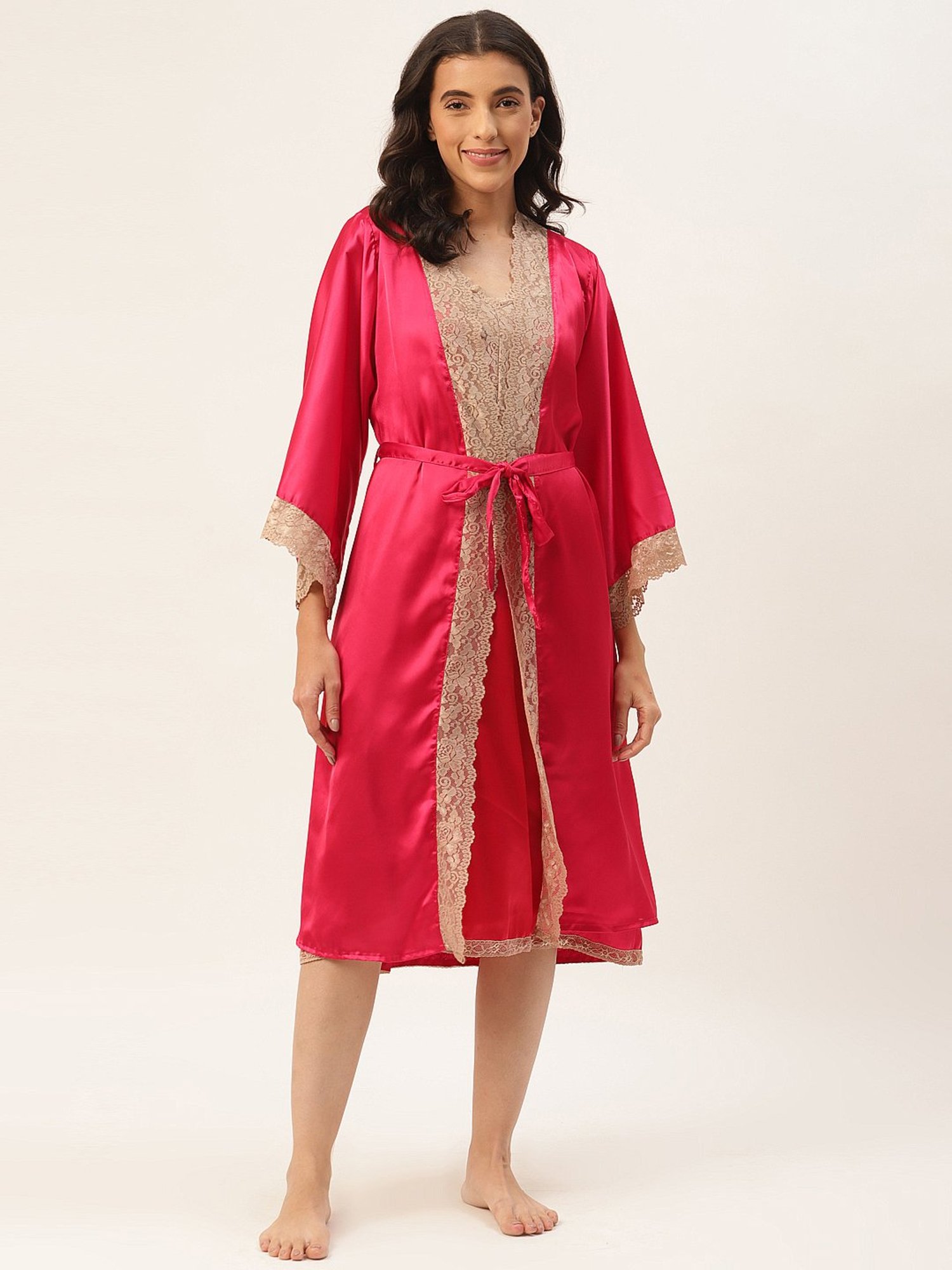 Ms.Lingies Pink Lace Work Nightwear With Robe