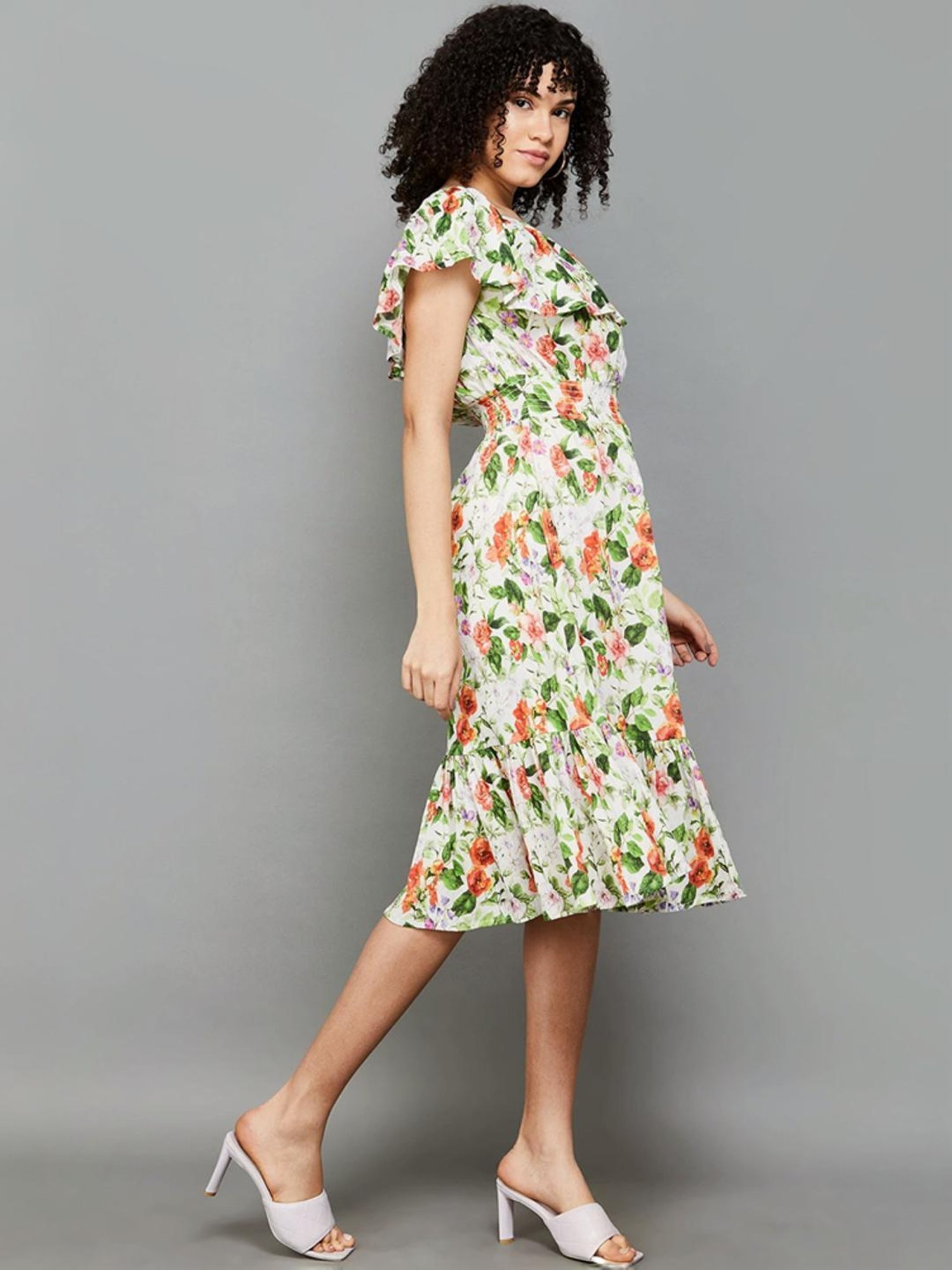 Colour Me by Melange Off-White Cotton Floral Print A-Line Dress