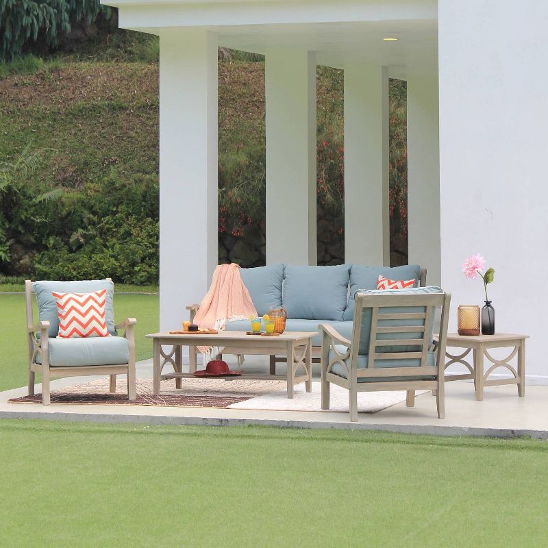 5pc Teak Abbington Patio Chat Set with Cushions - Blue Spruce - Cambridge Casual