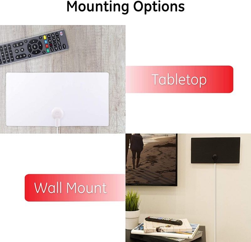 GE Ultra Edge Indoor TV Antenna, Slim Home Decor Reversible Black White, 4K 1080P VHF UHF, Long Range Antenna, Digital, HDTV Antenna, Smart TV Compatible, 6Ft Coaxial Cable, 11264