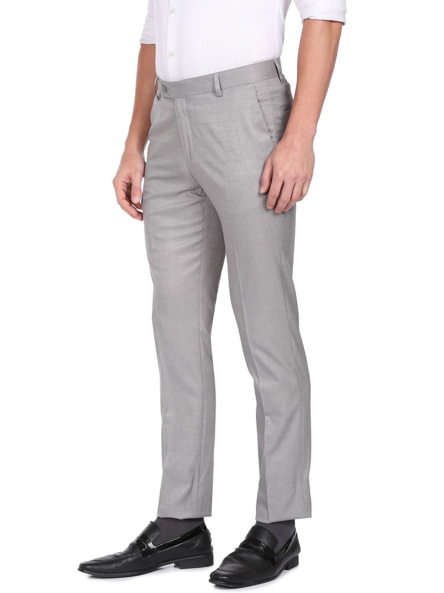Arrow Light Grey Cotton Regular Fit Checks Trousers