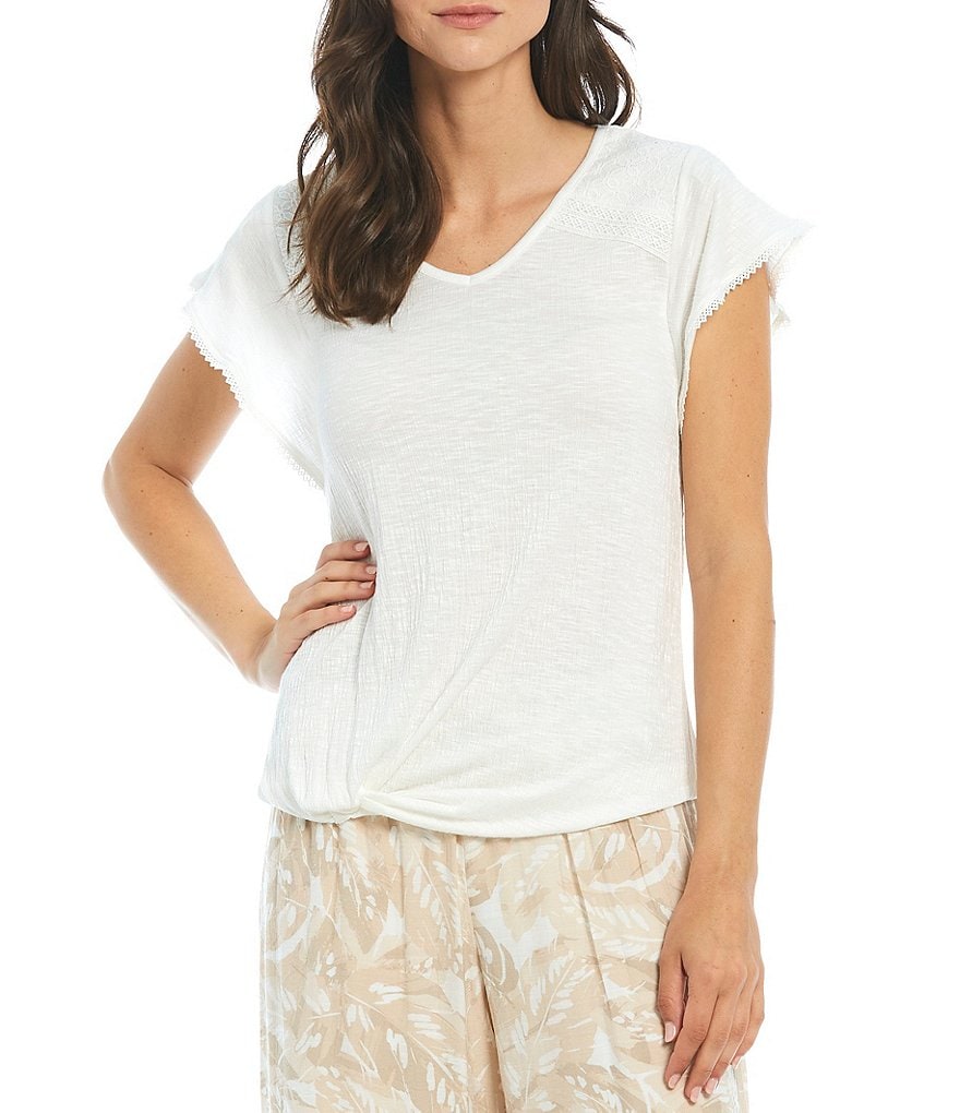 I.N. Studio Pucker Knit V-Neck Lace Trim Yoke Detail Flutter Sleeve Tee