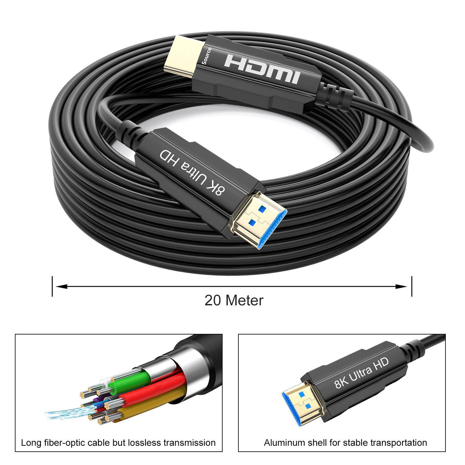CableDeconn 8K HDMI Fiber Optic Cable Real UHD HDR 8K 48Gbps 8K@60Hz 4K@120Hz  HDMI 2.1 Support 3D HDCP2.2 HDMI Cable for PS4 SetTop Box HDTVs Projectors 5m 16.5ft