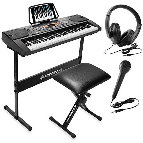 Hamzer 61-Key Electronic Keyboard Portable Digital Music Piano with H Stand, Stool, Headphones Microphone, & Sticker Set
