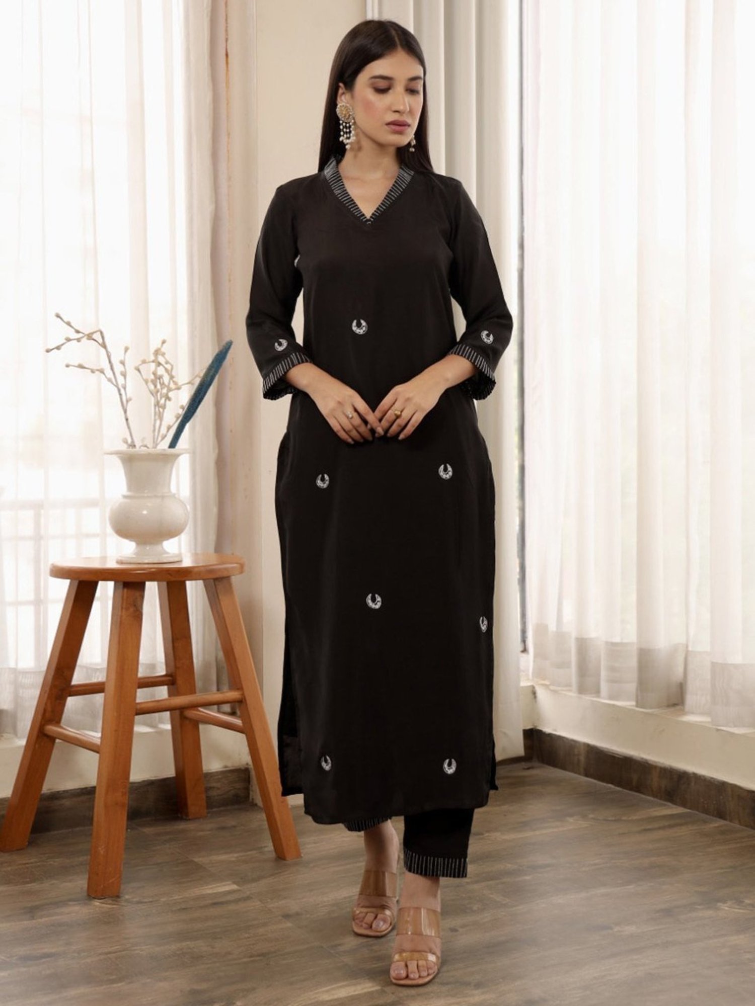 Asrumo Black Adah Monsoon Chand Embellished Muslin Straight Kurta with Pant and Dupatta Set