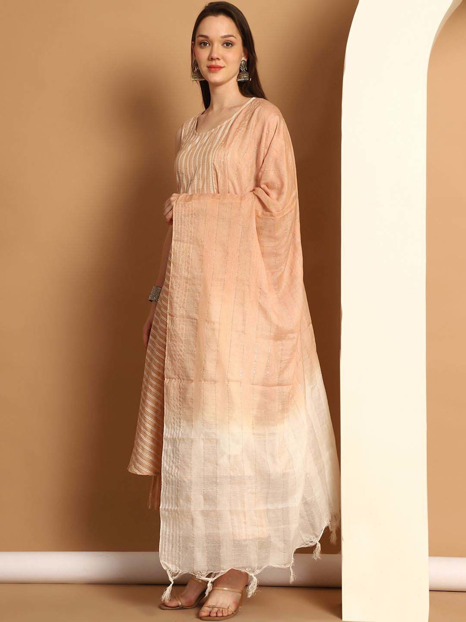 Jompers Beige Woven Pattern Kurta Palazzo Set With Dupatta