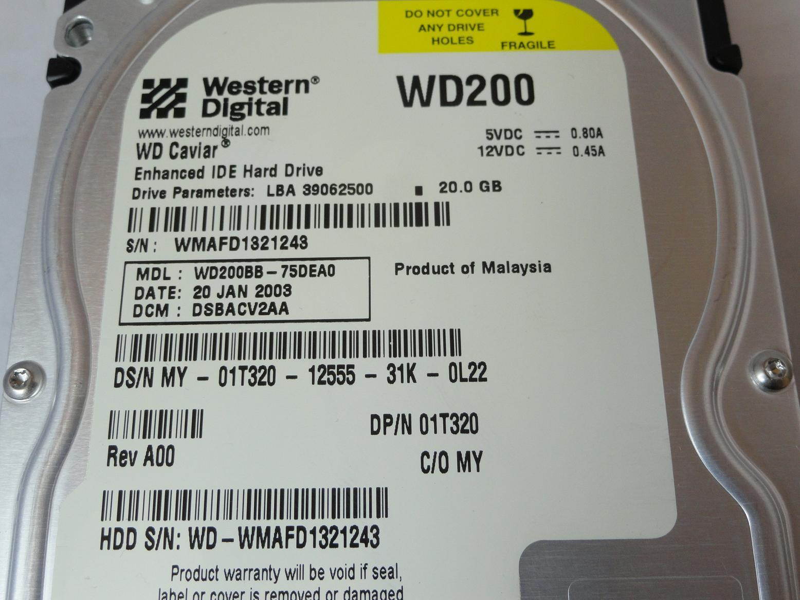 HDD 20GB IDE, WD CAVIAR WD200BB-75DEA0, DP/N 01T320 REV A00