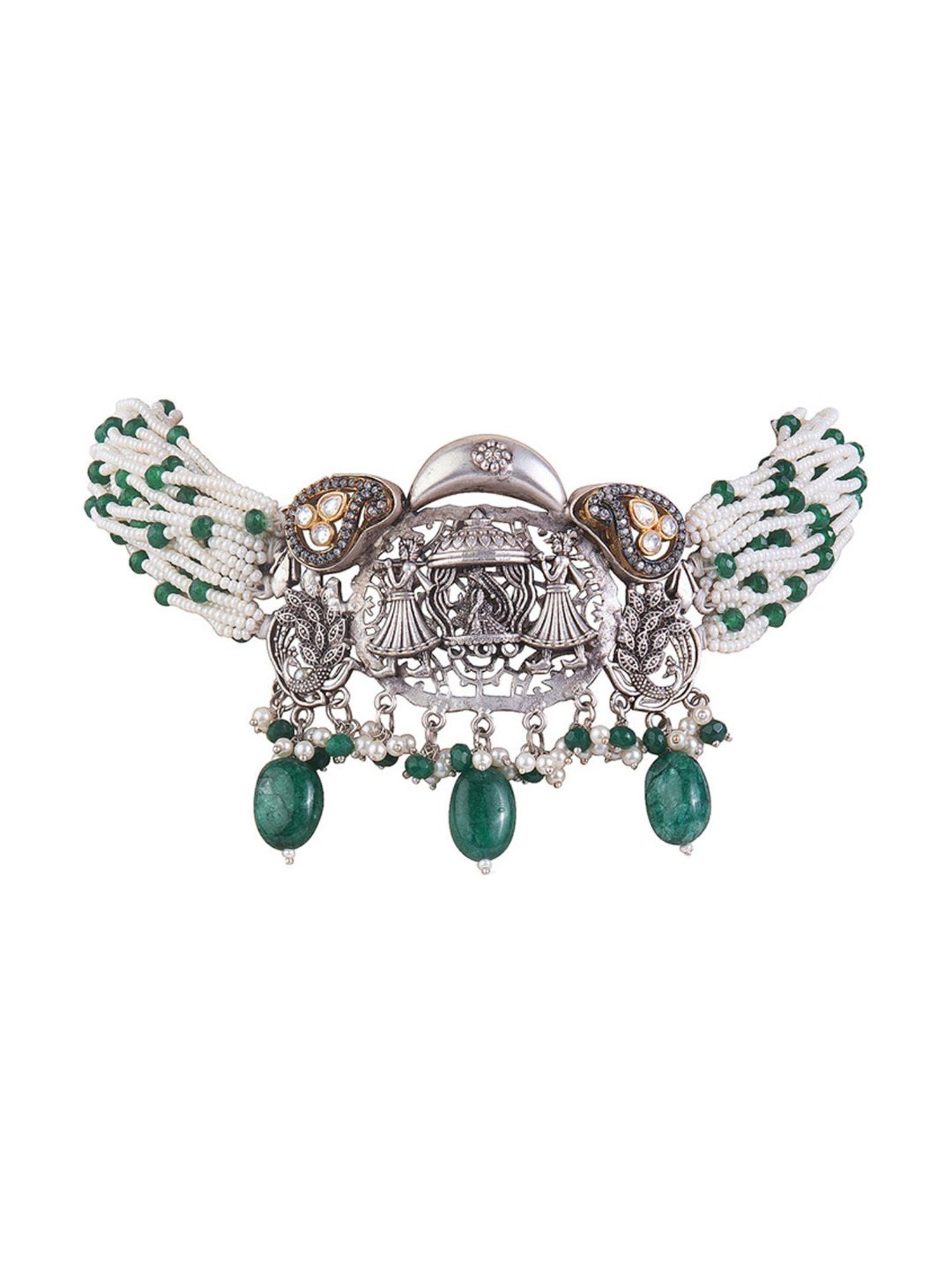 Curio Cottage Aria Oxidized Green Stone & Pearl Embellished Choker Necklace & Earring Set