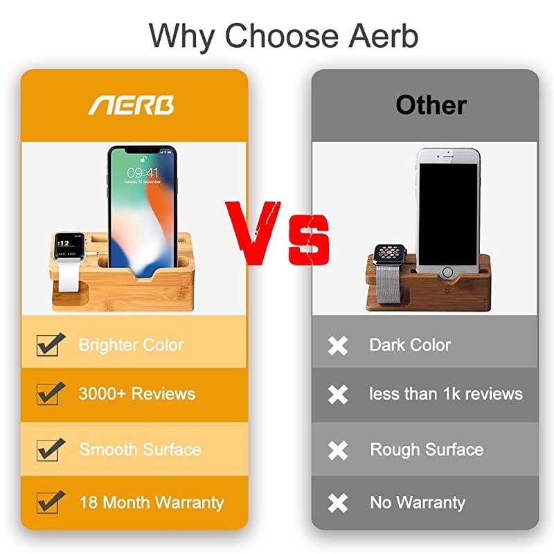 Apple Watch Stand,  Bamboo Wood Charging Stand Bracket Docking Station Cradle Holder W Business Card Slot Phone Stand for iPhone X 8 7 6 Plus 5 5c and Apple Watch 38mm 42mm Series 3 Series 2 Series 1