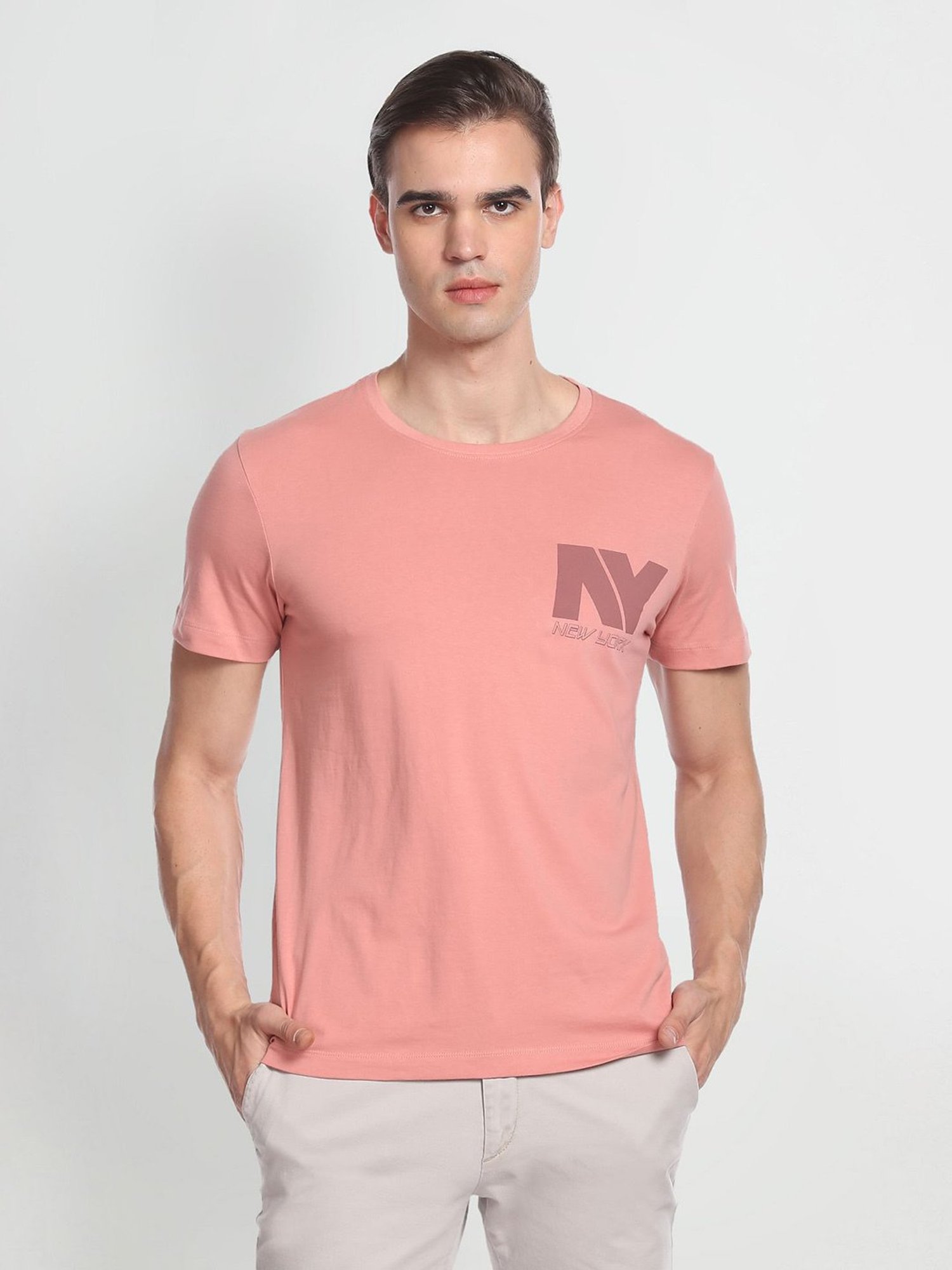 Arrow New York Dusty Pink Regular Fit Printed Cotton Crew T-Shirt