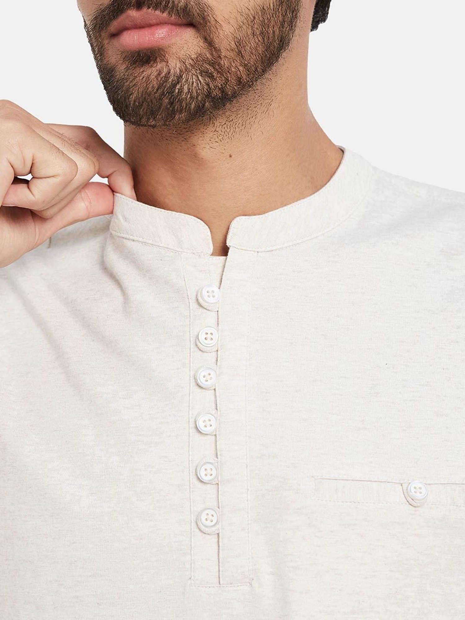 METTLE Natural Melange Regular Fit Henley T-Shirt