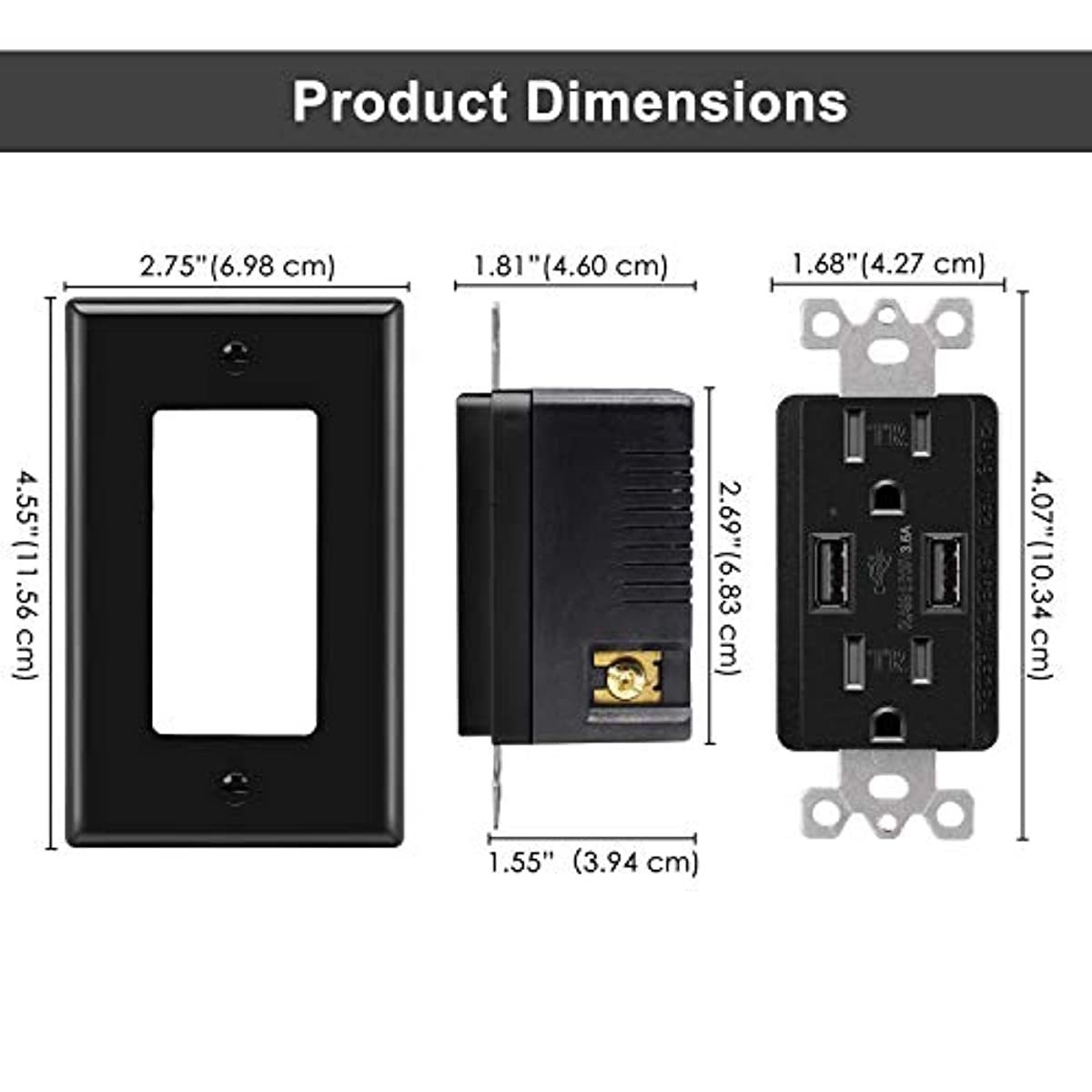 [5 Pack] BESTTEN Black USB Wall Receptacle with 15 Amp Tamper-Resistant Outlet, 3.6A Dual USB Charging Ports, UL Listed