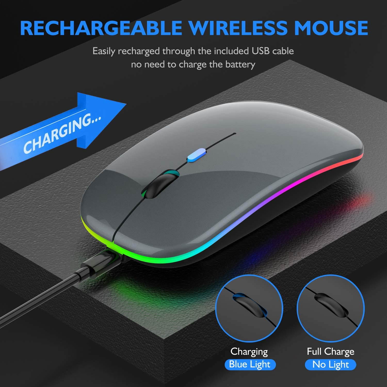 LED Bluetooth wireless mouse, MacBook Pro Bluetooth mouse, MacBook Air Bluetooth mouse, rechargeable wireless mouse, suitable for MacBook, laptop, Mac, ipad, iPad Pro (black)