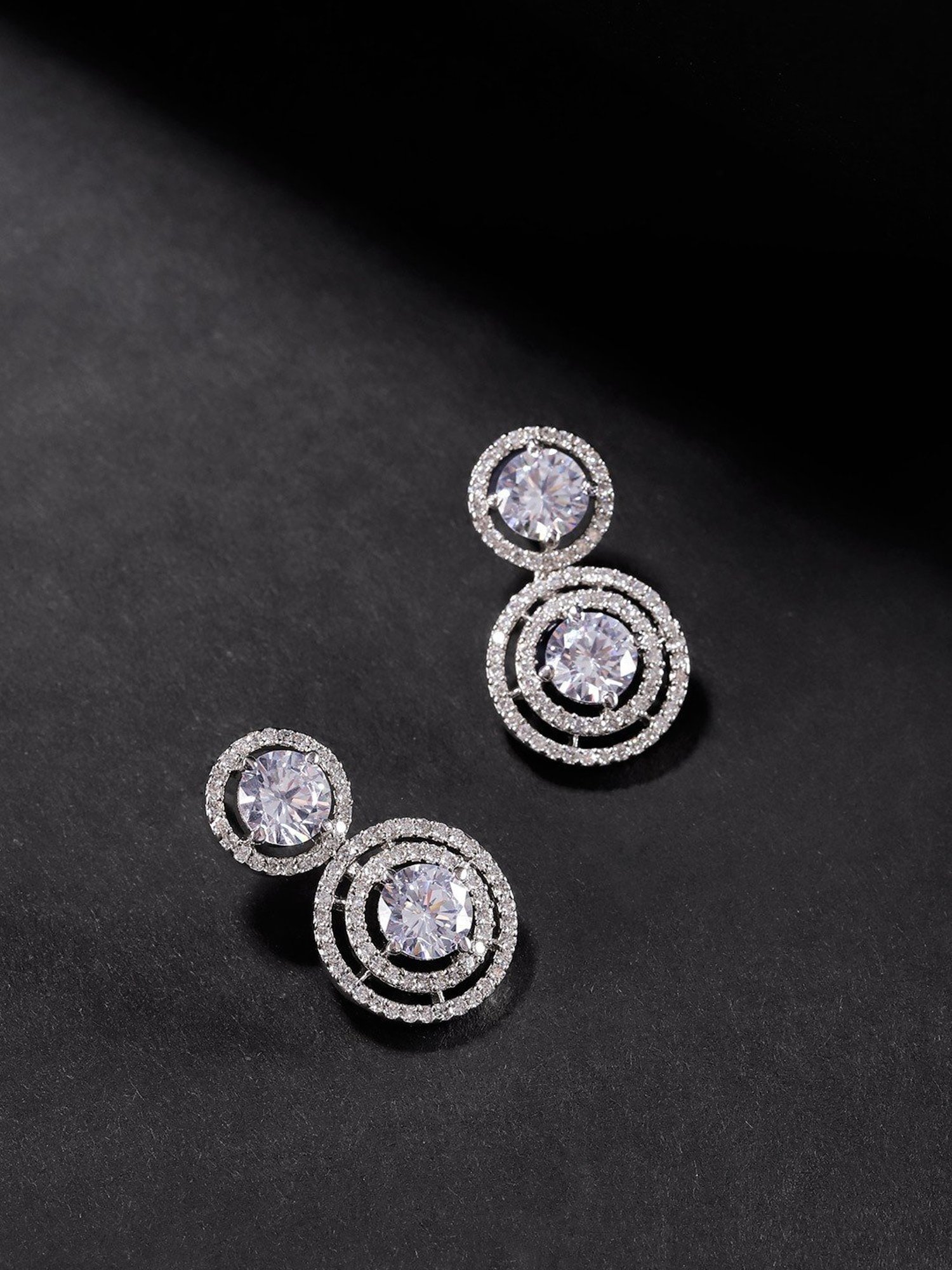 Priyaasi Rhodium-Plated American Diamond Studded Circular Drop Earrings