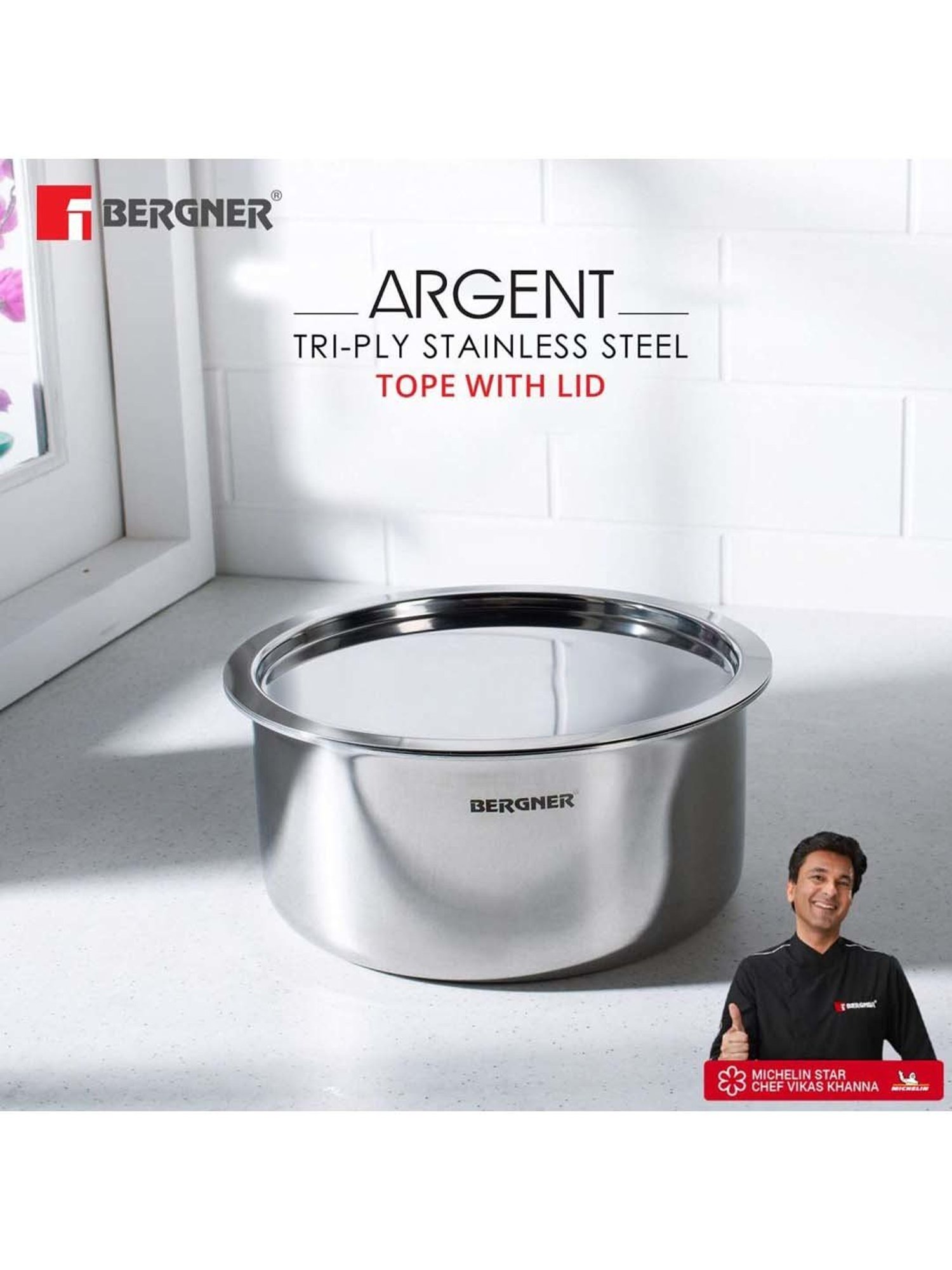 Bergner Argent Triply Silver Stainless Steel 14 cm Induction Patila Pot With Lid (1 L)
