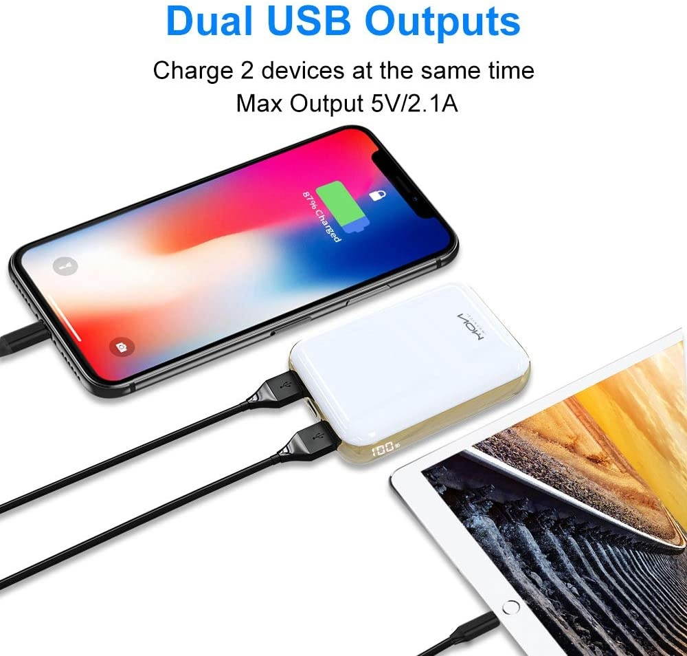 MOXNICE Power Bank Portable Phone Charger 10000mAh Powerbank USB C Battery Pack with LCD Display and Dual Output for Smartphones and Tablets Gifts for Men Women (White)