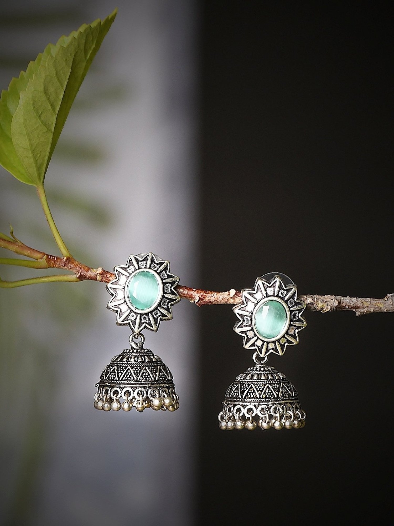 Imli Street Light Green Silver Tone Stone-Studded Handcrafted Jhumki Earrings