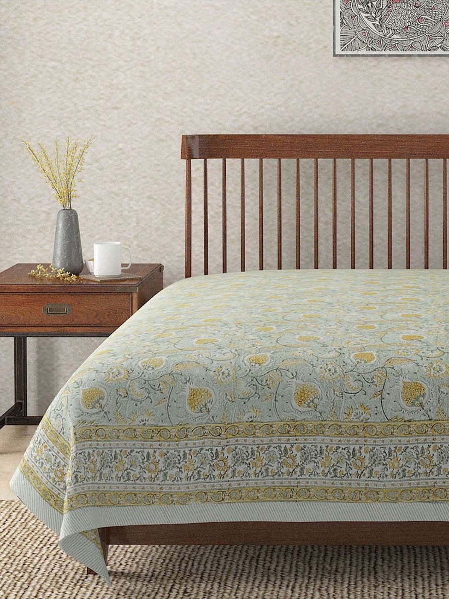 Fabindia Home Ihania Green Cotton 116 TC Double Bed Cover