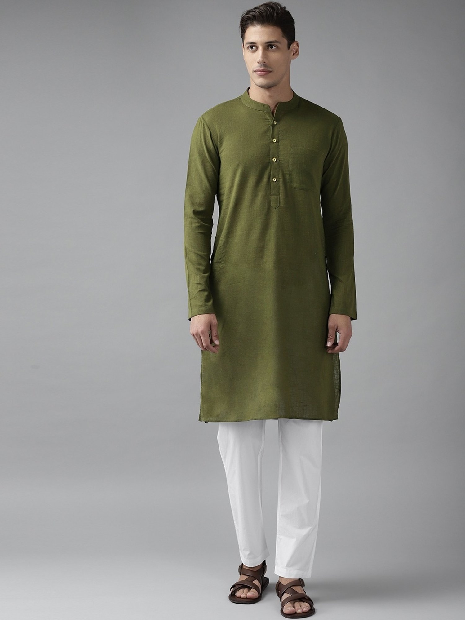 See Designs Olive Green & White Cotton Regular Fit Kurta Bottom Set