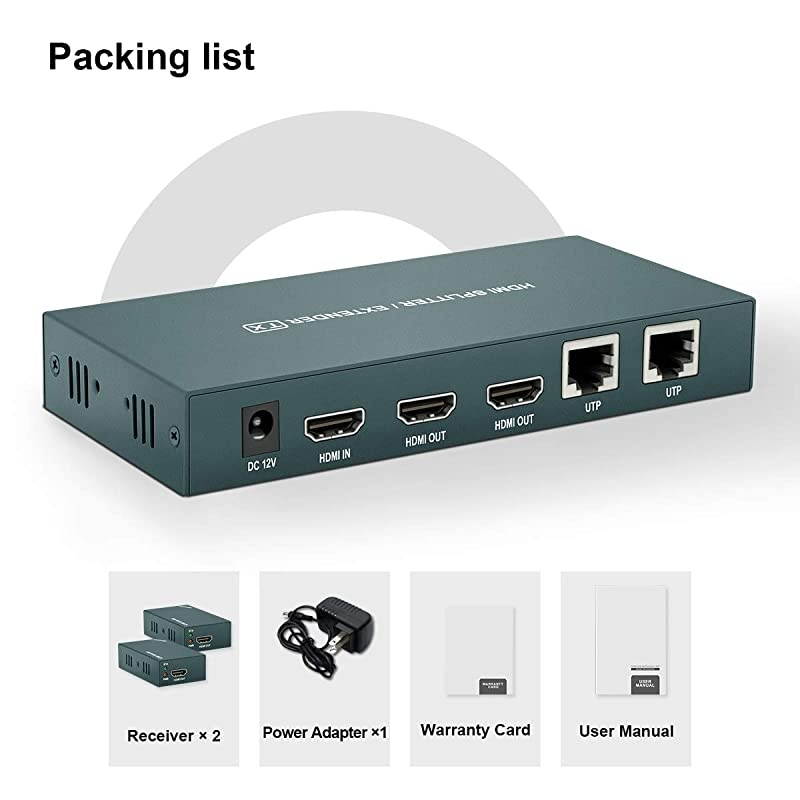 Extender Splitter 1x2, HD1080P@60Hz & 3D Visual, Extending 165ft (50m) Length Transmission Over CAT5e/CAT6/CAT7 Cable, 2 Channel Transmission with 2 Loop Out