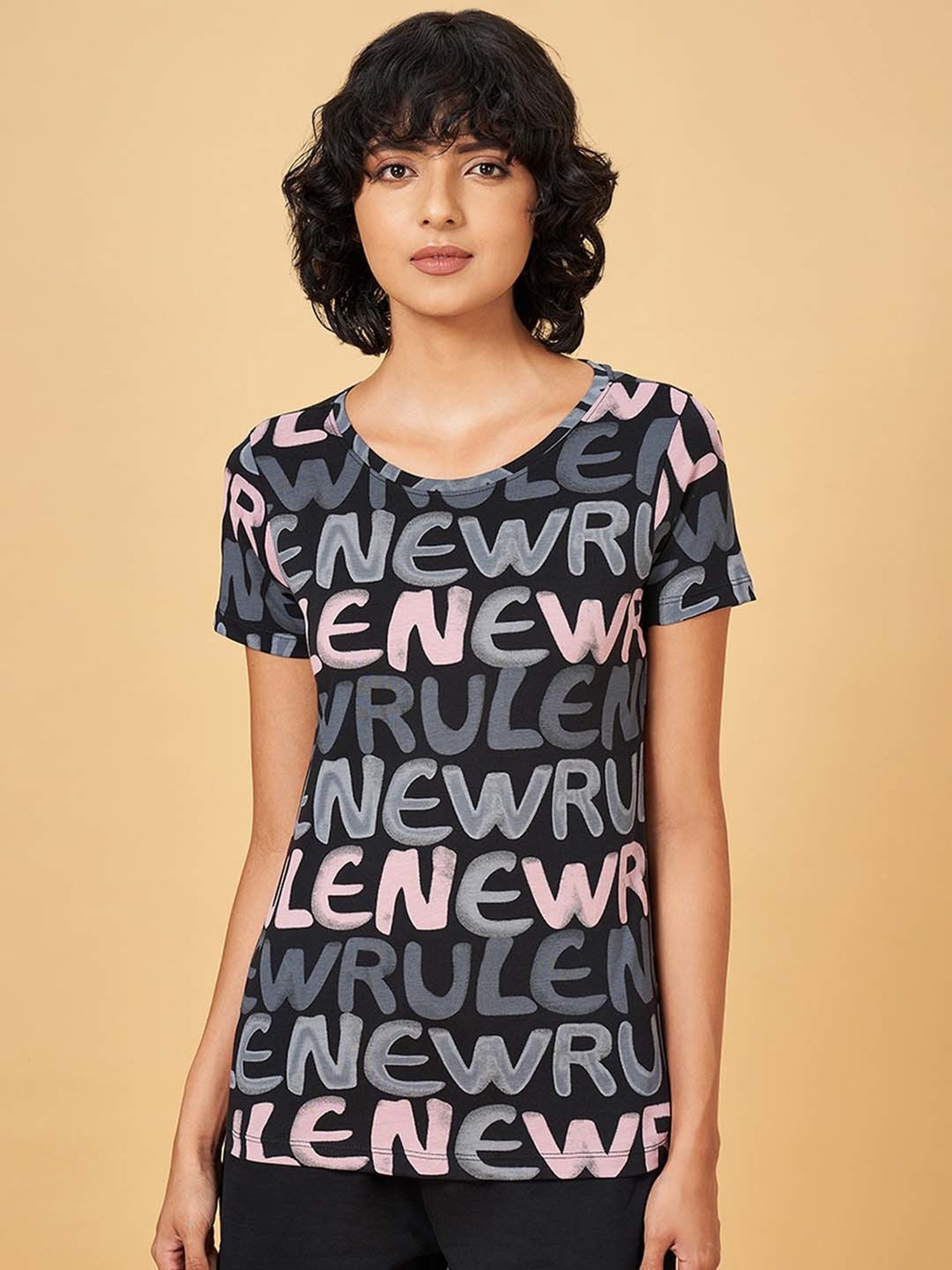 Ajile by Pantaloons Black Cotton Printed Sports T-Shirt