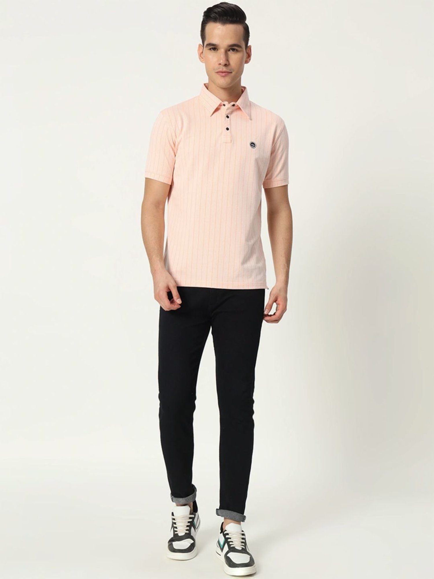 Tab91 Pink Regular Fit Striped Polo T-Shirts