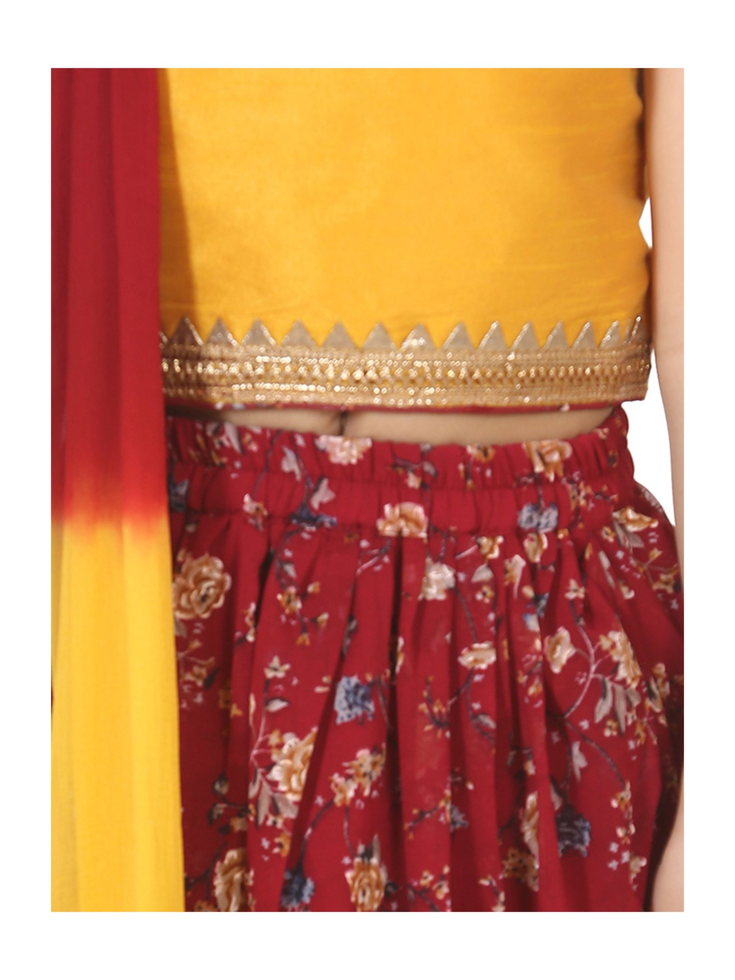 BownBee Kids Maroon & Yellow Printed Lehenga Choli With Dupatta