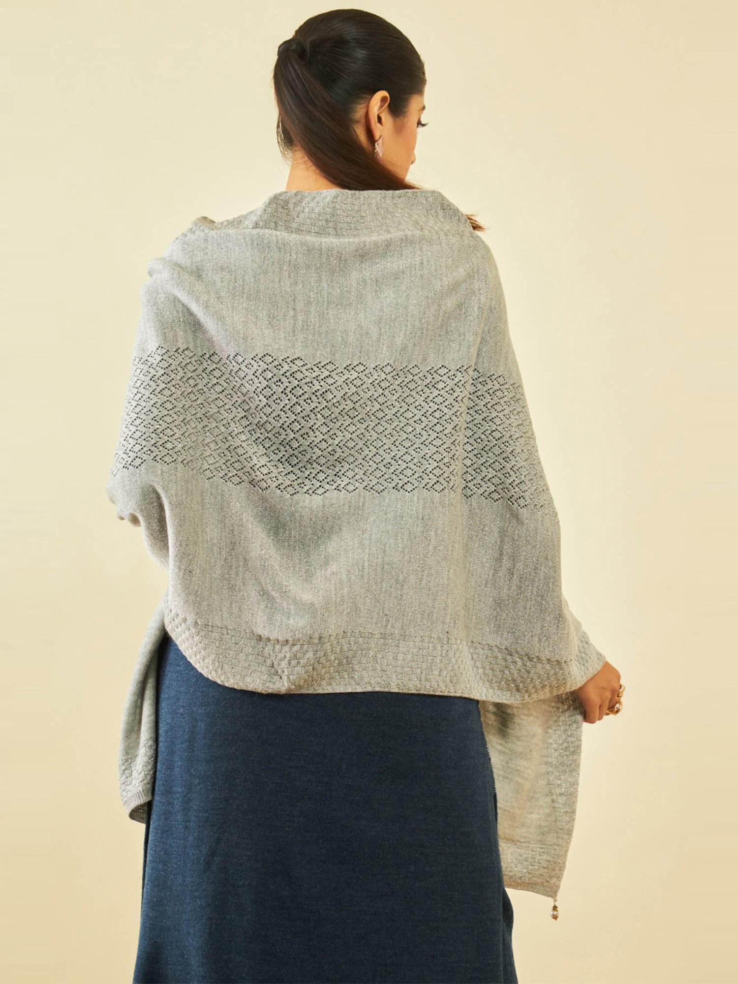 Soch Grey Acrylic Shimmery Pointelle Knit Shawl with Beaded Tassels