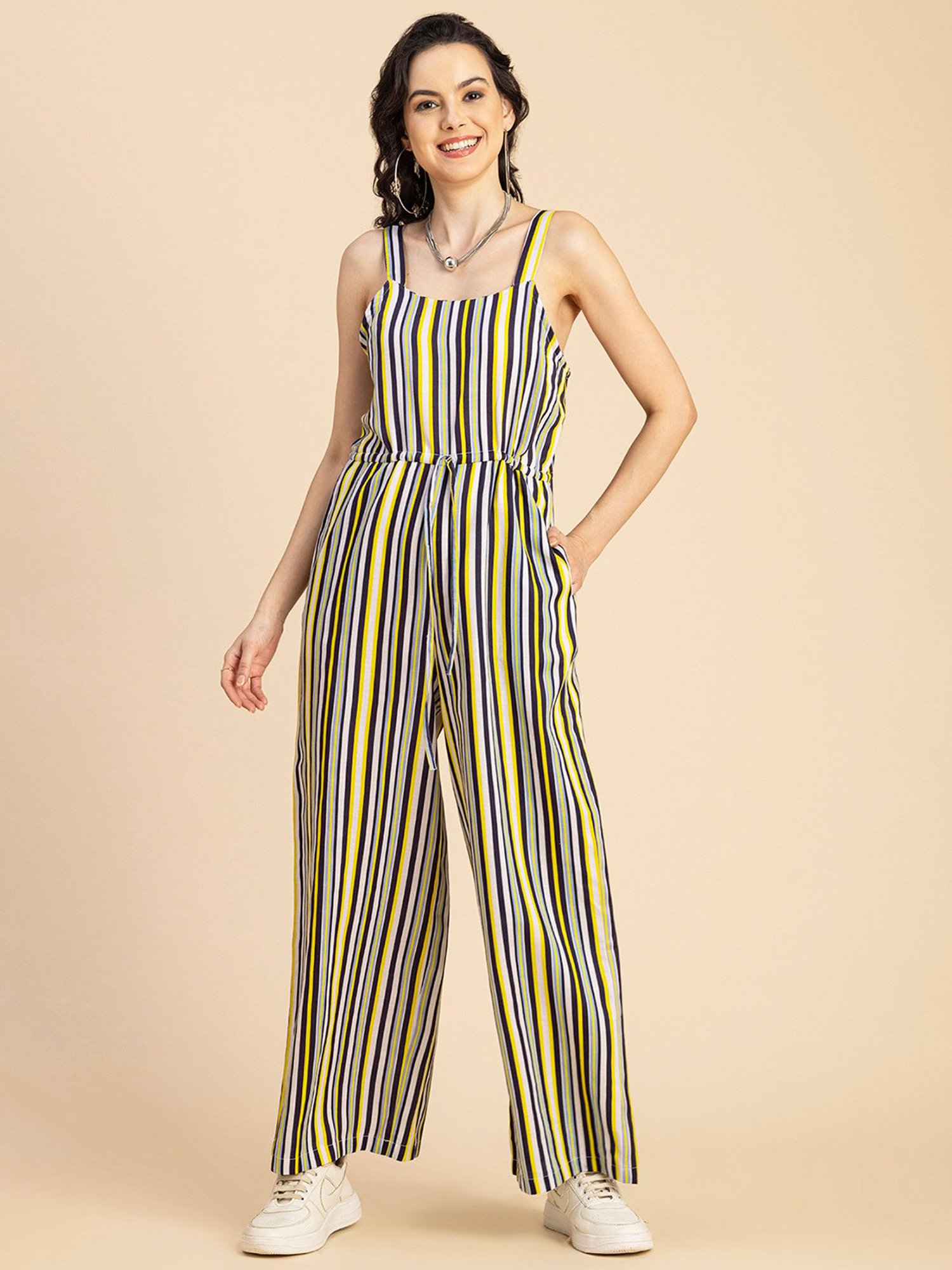 Moomaya White & Navy Cotton Blend Striped Jumpsuit