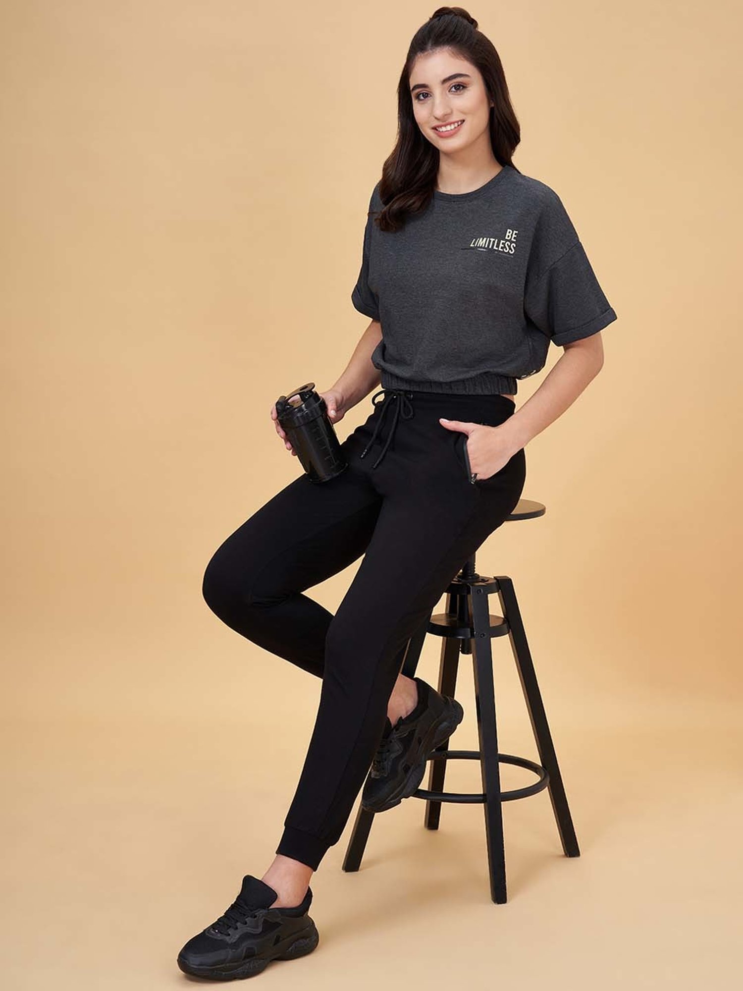 Ajile by Pantaloons Grey Cotton Printed Sports Crop T-Shirt