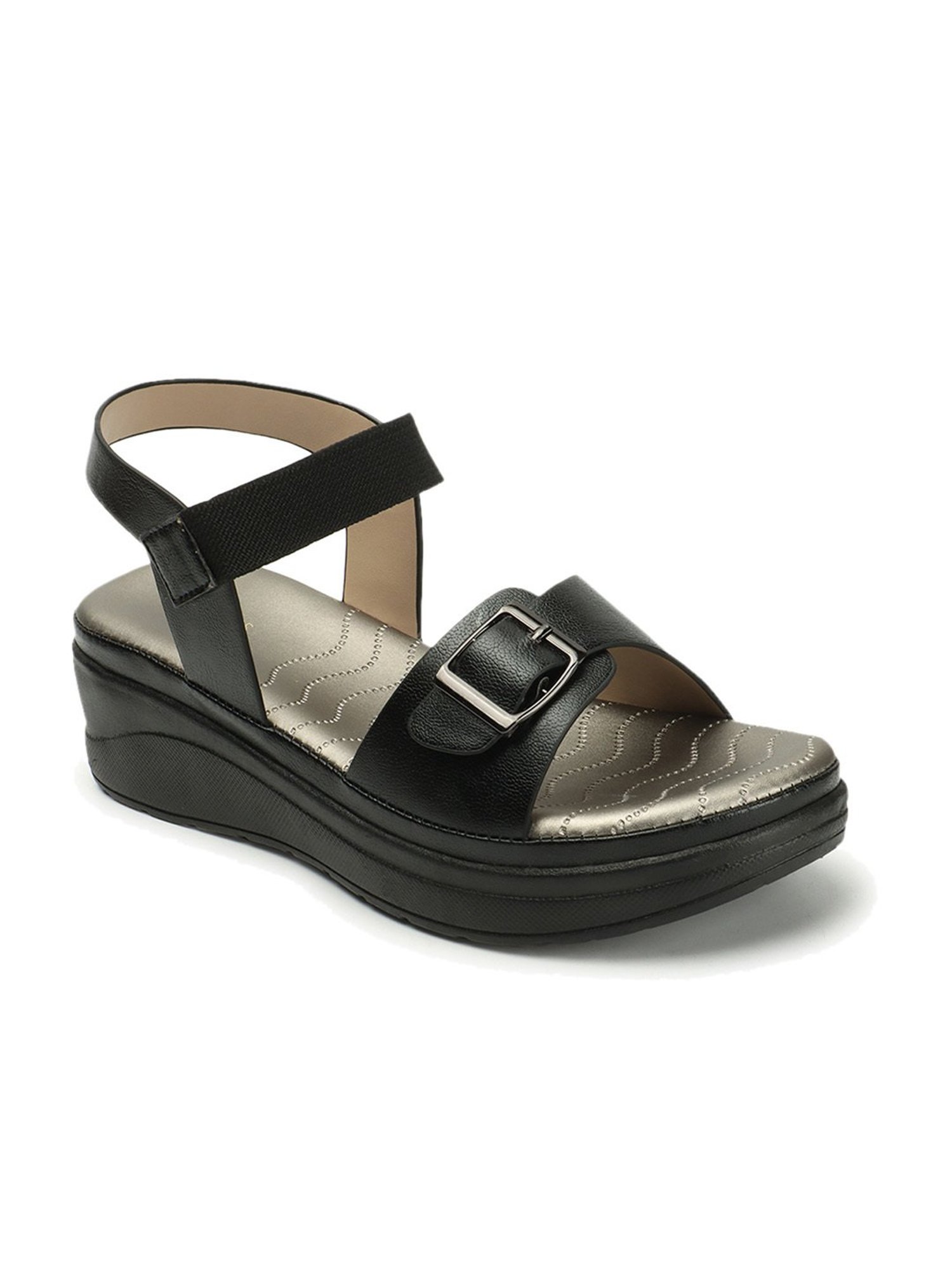 Iconics Women's Black Ankle Strap Wedges