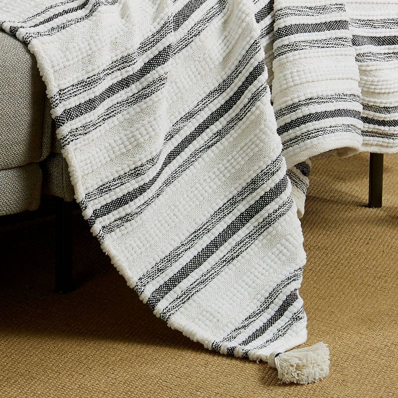 50"x60" Woven Striped Throw Blanket with Corner Tassels Black - Patina Vie