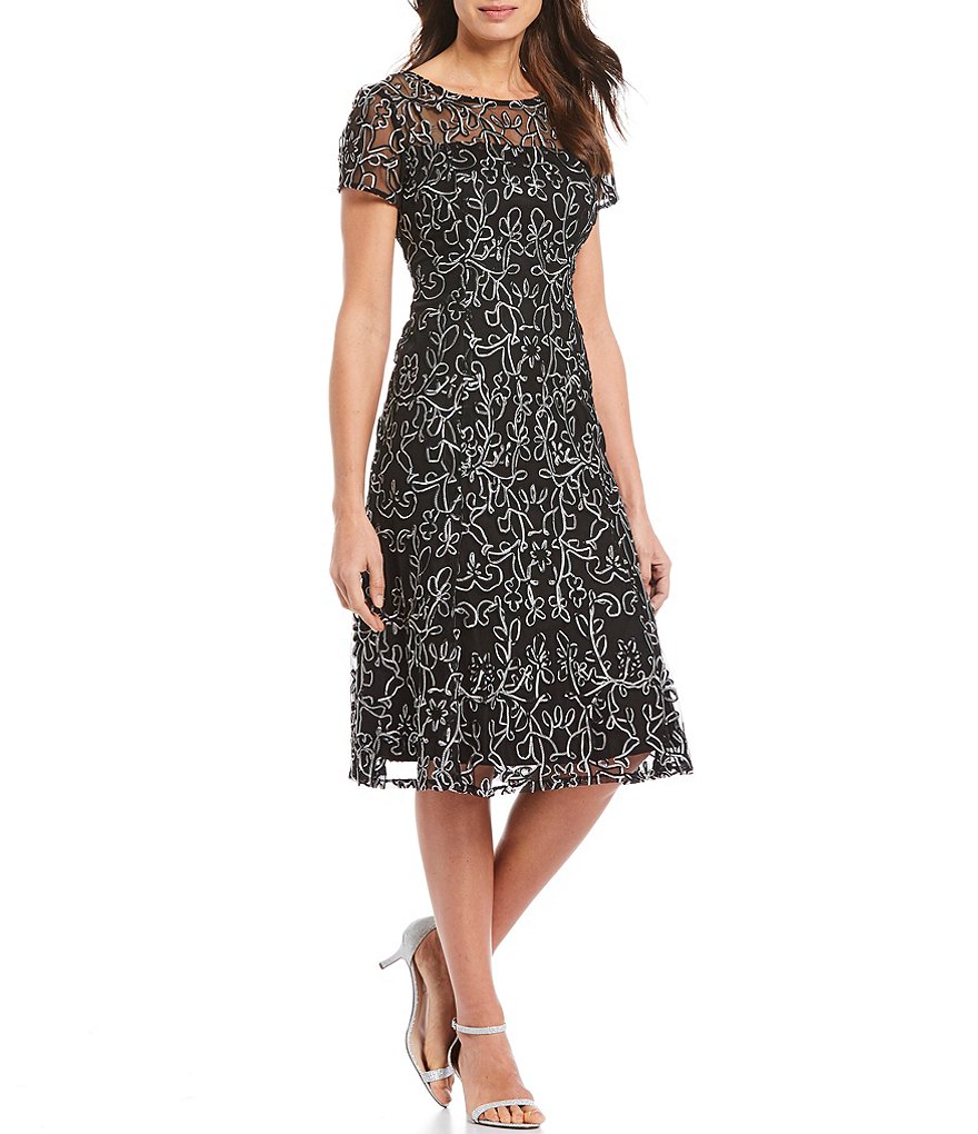 Ignite Evenings Embroidered Soutache Lace Illusion Boat Neck Short Sleeve Midi Dress