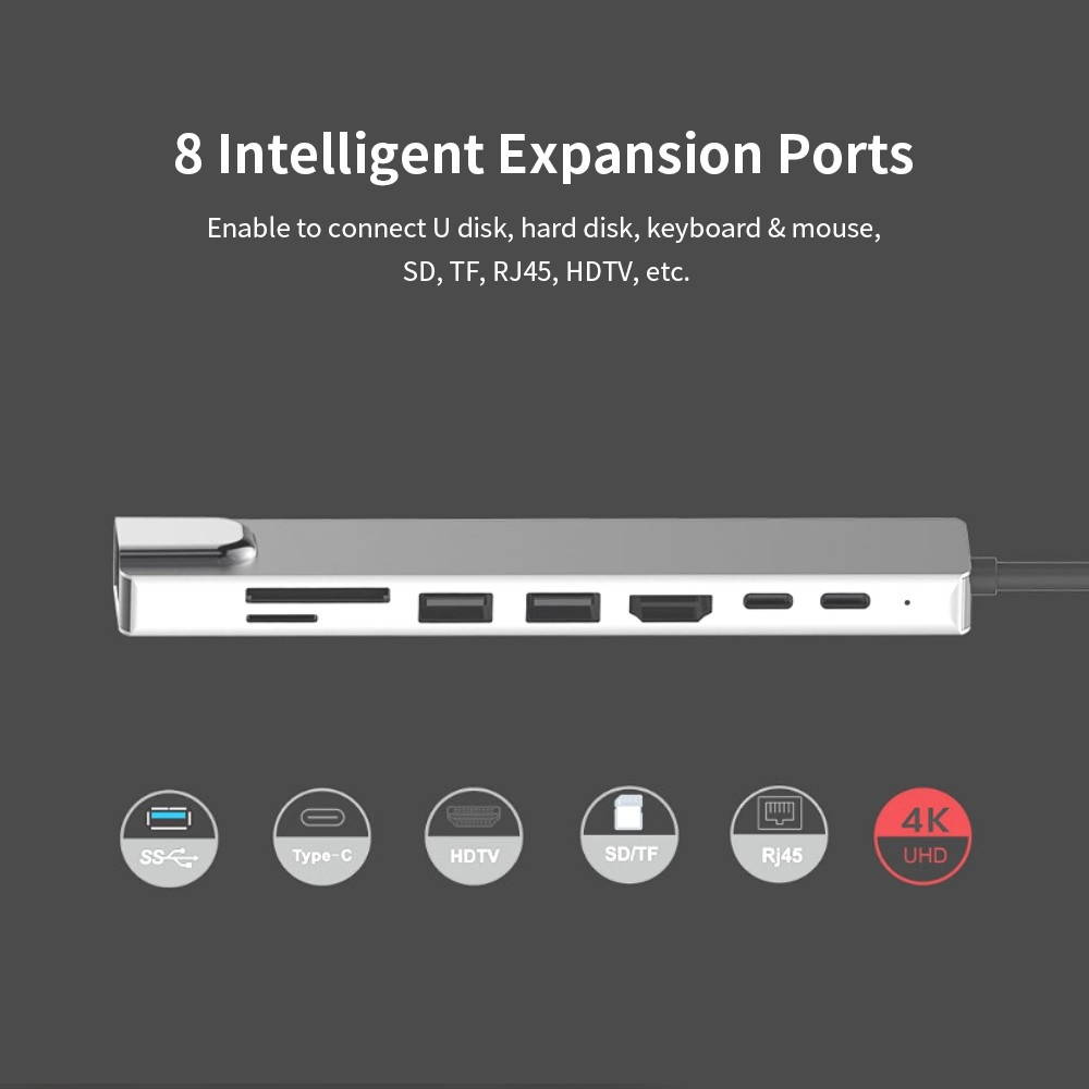 8IN1 USB-C Multi-function Laptop Docking Station Converter Type-C to PD+USB*2+HDTV+Type-C+SD+TF+RJ45 87W Adapter