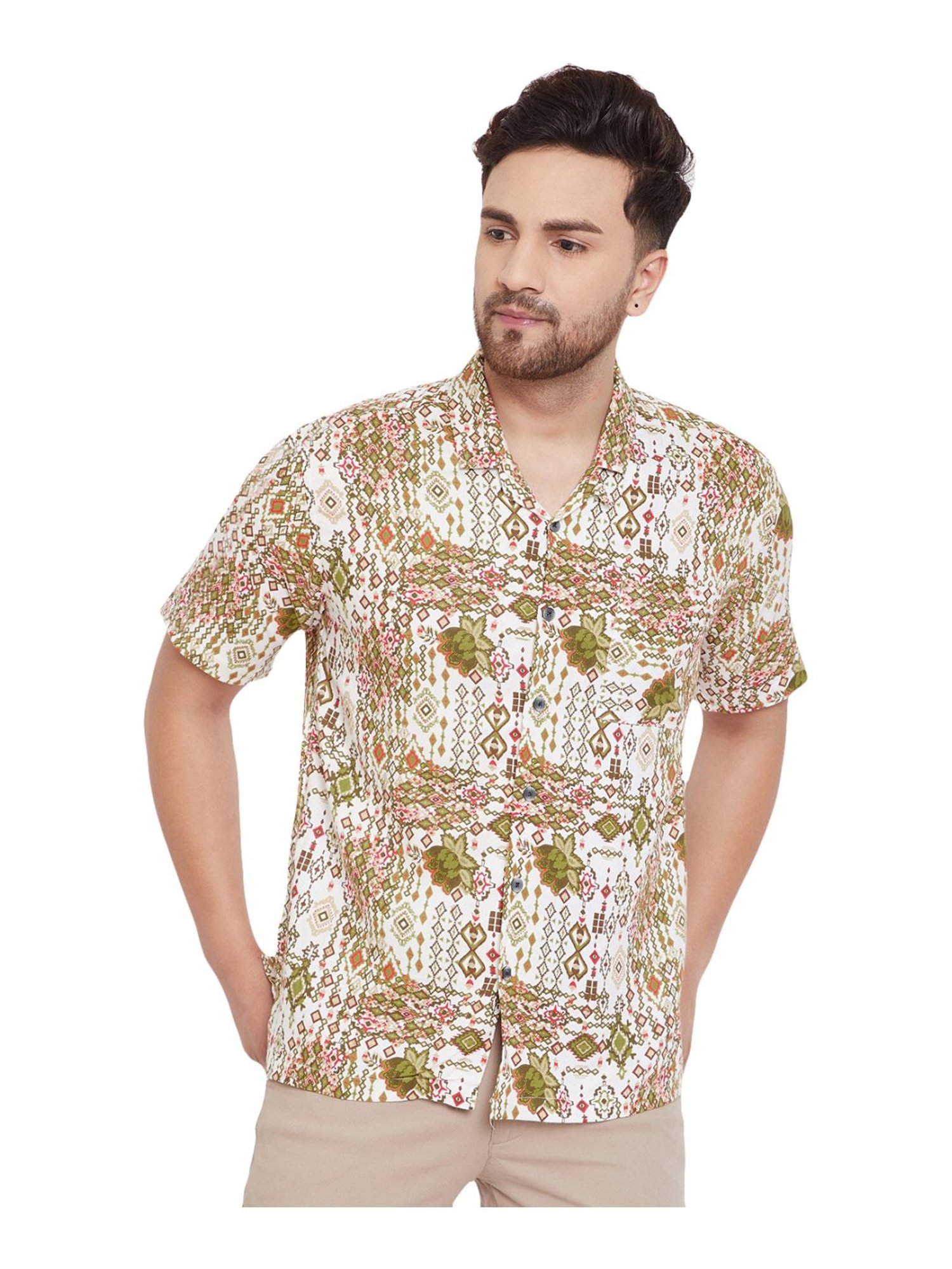 Even White & Green Slim Fit Printed Shirt