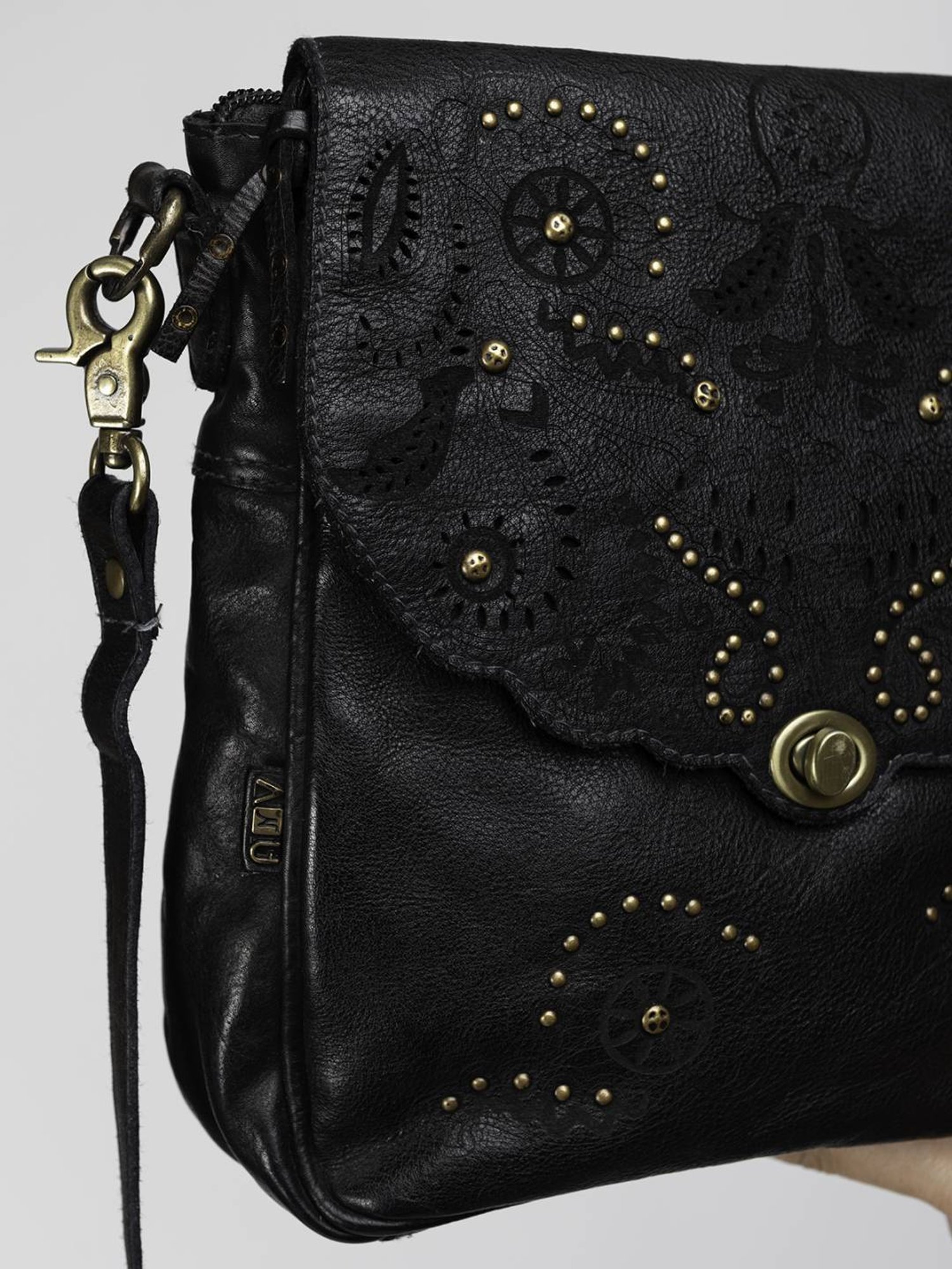 Art N Vintage Carob Black Leather Textured Small Sling Handbag