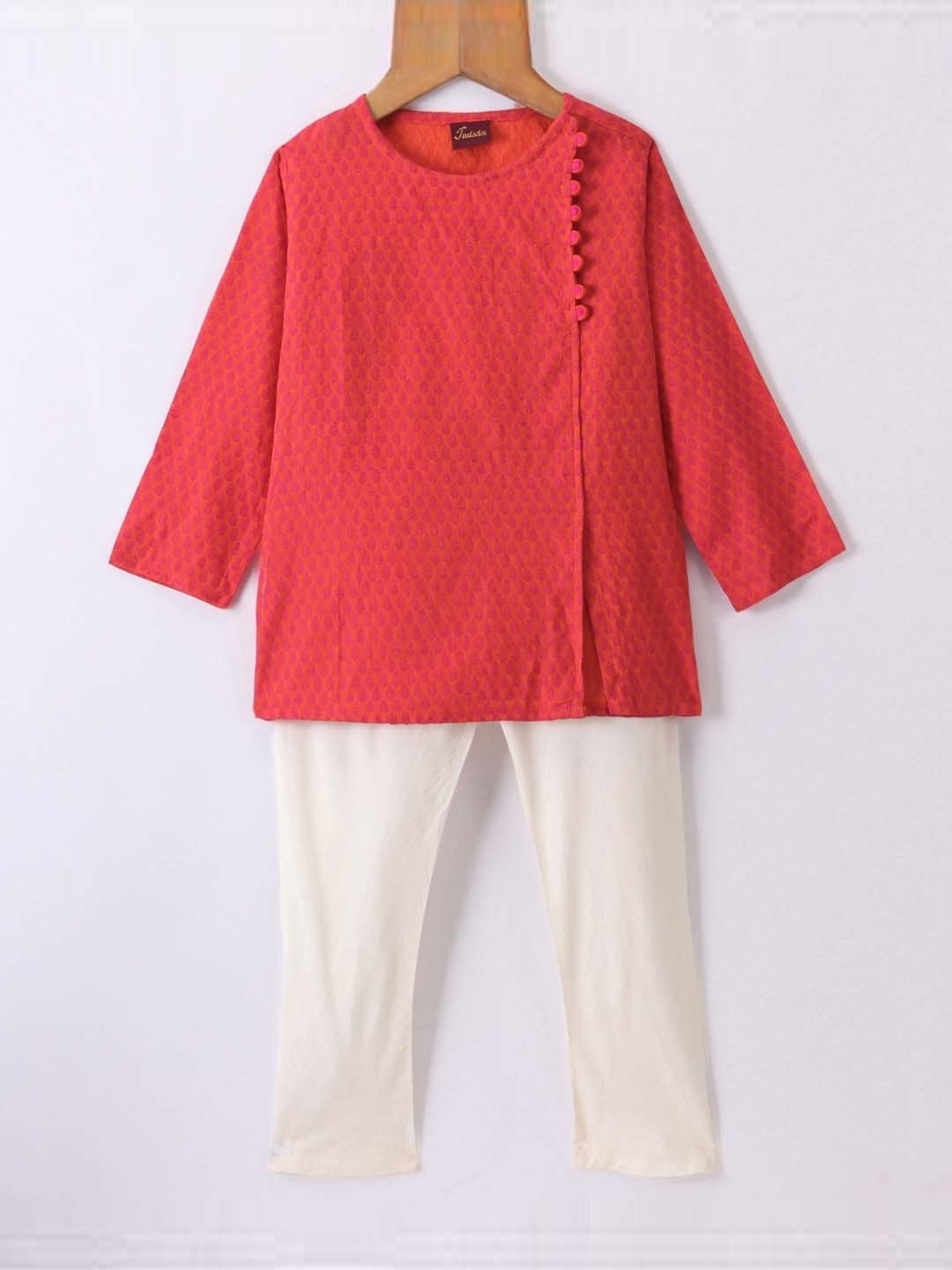 TWISHA Kids Red & White Cotton Printed Full Sleeves Kurta Set