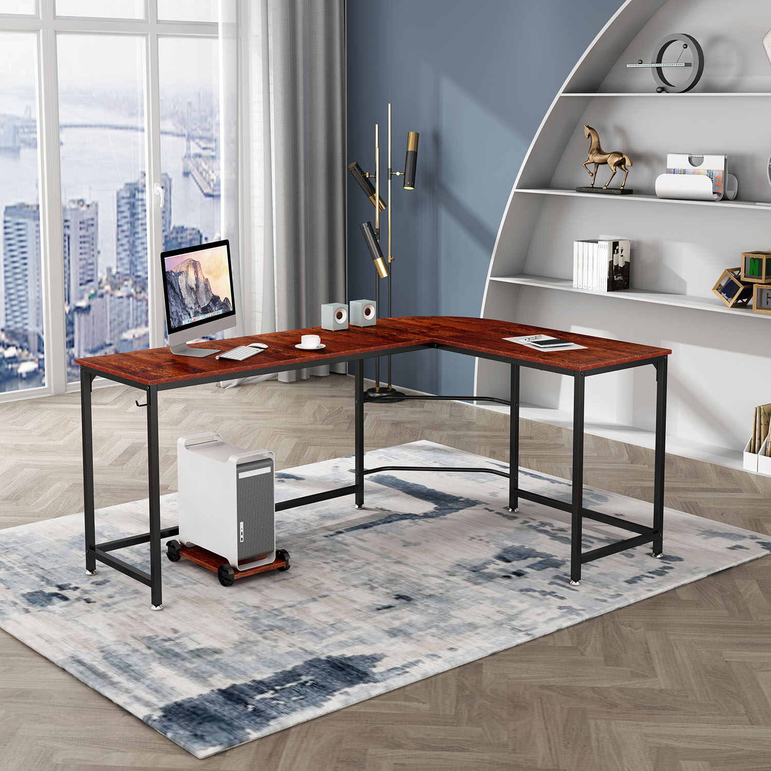 66'' L-shaped Desk Home Office Desk Computer Desk Gaming Desk Large Workstation with CPU Stand and Steel Structure