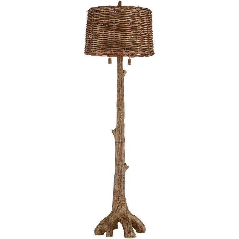 Barnes and Ivy Rustic Country Cottage Floor Lamp Faux Wood Tree Brown Wicker Drum Shade for Living Room Reading Bedroom Office