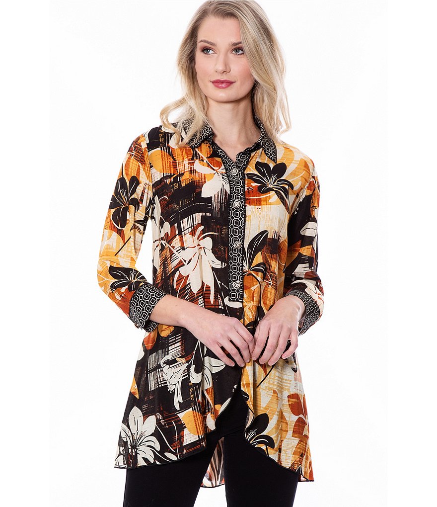 Multiples Floral & Geo Border Print 3/4 Sleeve Point Collar Button Down Hi-Low Hem Shirt