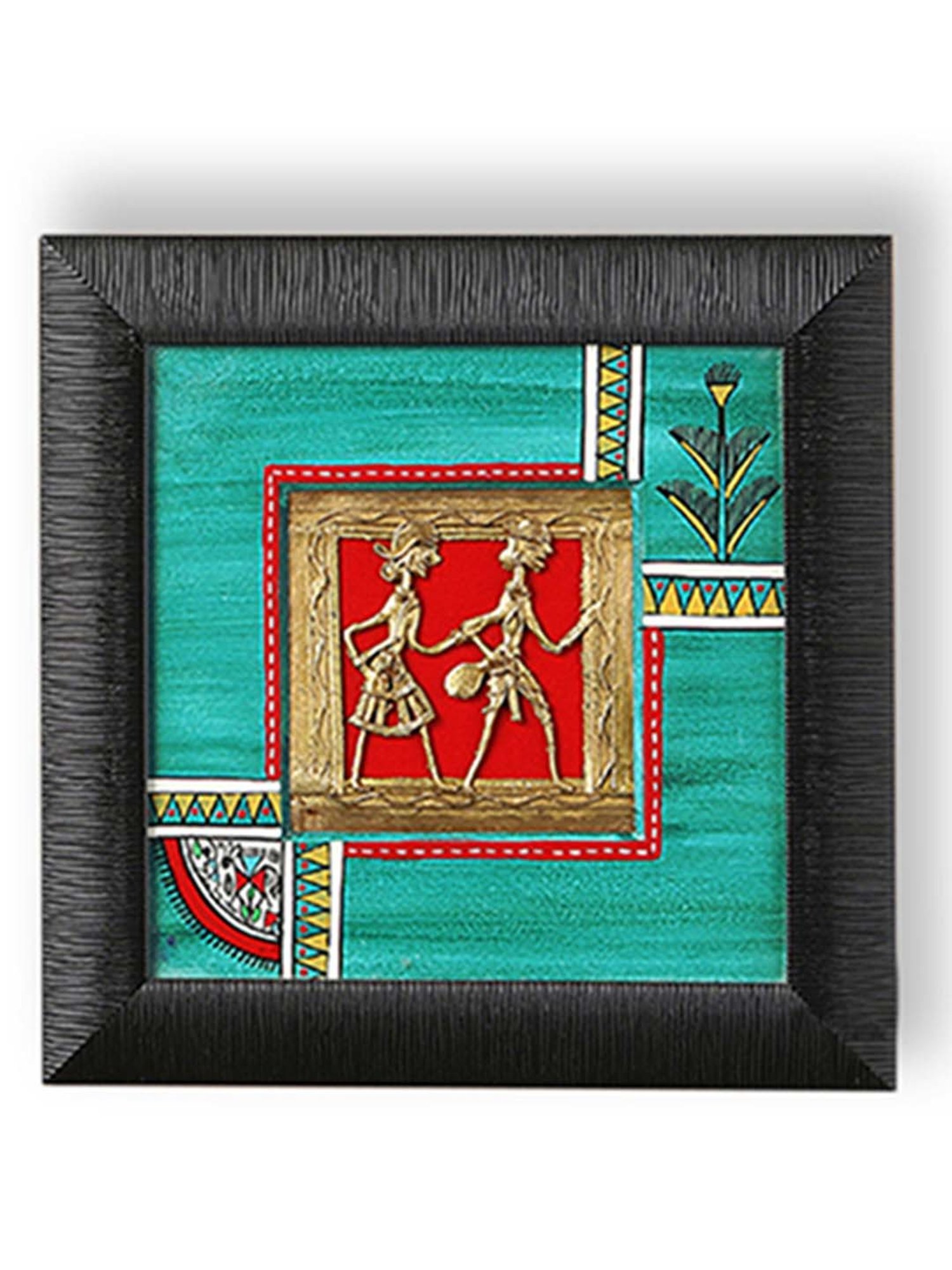 ExclusiveLane Sunset Orange & Ocean Blue Handpainted Warli & Dhokra Square Wall Painting Set