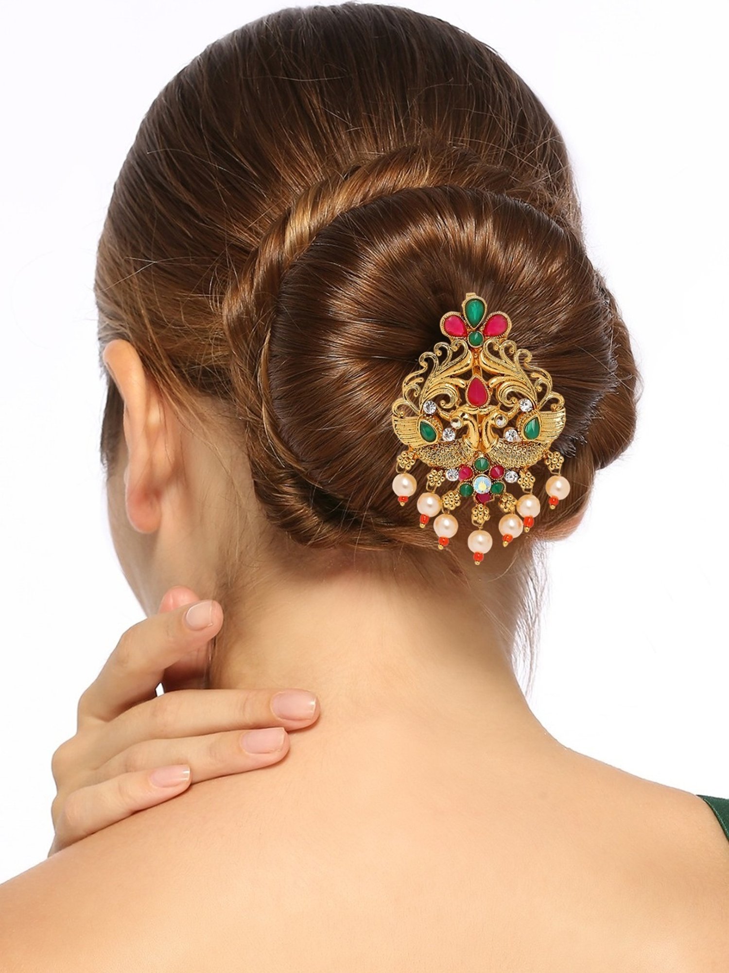 OOMPH Red Maroon & Green Stones Ethnic Peacock Design Hair Bun Pin Juda Pin