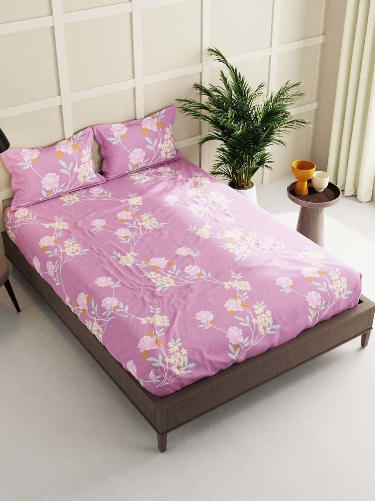 Bianca La Vogue Floral Pink 152 TC Fabric Double Bedsheet with 2 Pillow Covers