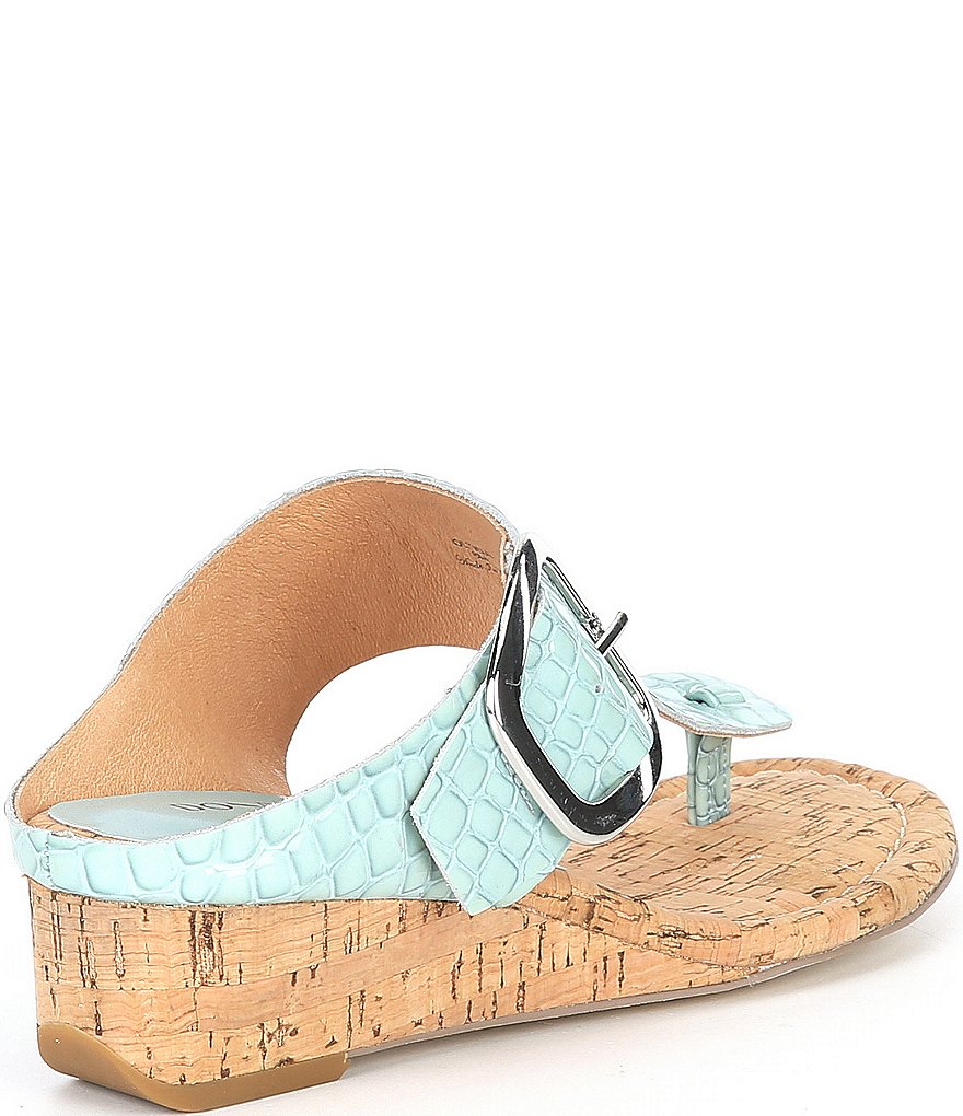 Donald Pliner Oltina Croco Print Patent Leather Cork Wedge Thong Slides