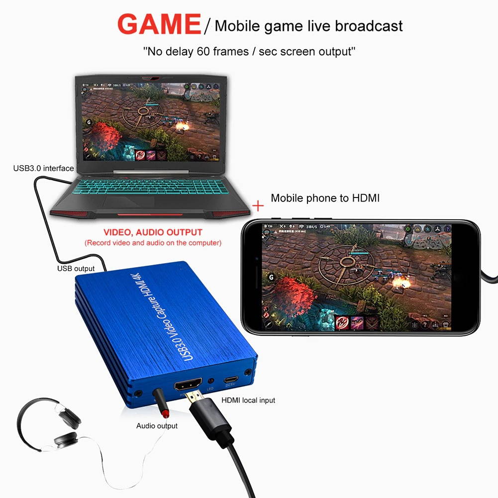 4K HDMI Capture Card Video Capture Device HDMI to USB 3.0 Game Broadcast Microphone HD 1080p Live Streaming Video Record Capture