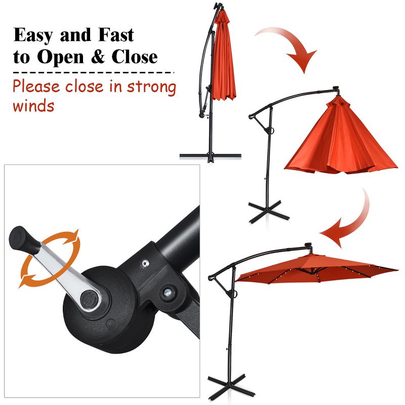 Costway 10FT Patio Offset Umbrella Solar LED 360degrees Rotation Orange